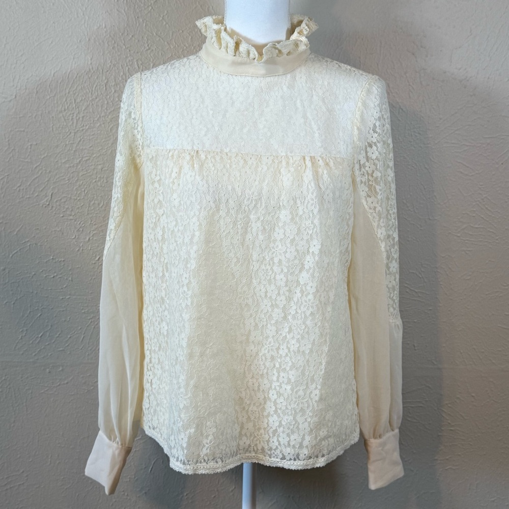 Tuckernuck Ivory Lace/Chiffon Ruffle Neck Blouse